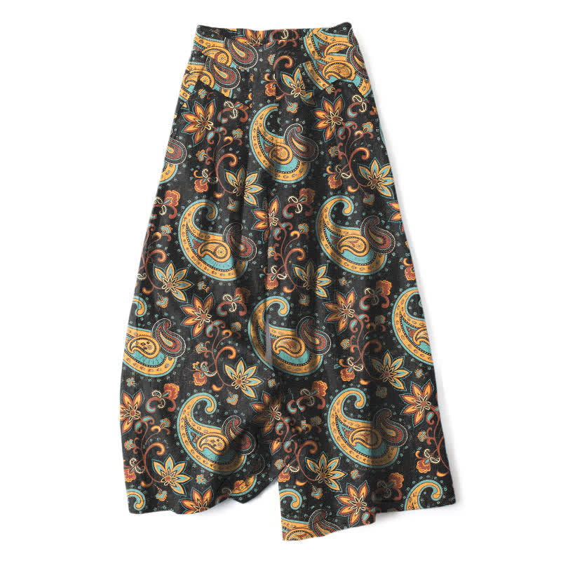 Nimara Ritual Cotton Linen Bohemian Paisley Floral Pattern Women's Elastic Waist Wide Leg Pants With Pockets