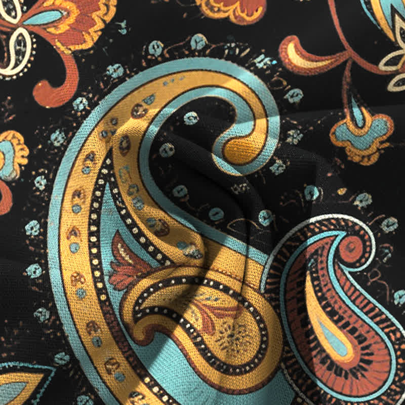 Nimara Ritual Cotton Linen Bohemian Paisley Floral Pattern Women's Elastic Waist Wide Leg Pants With Pockets