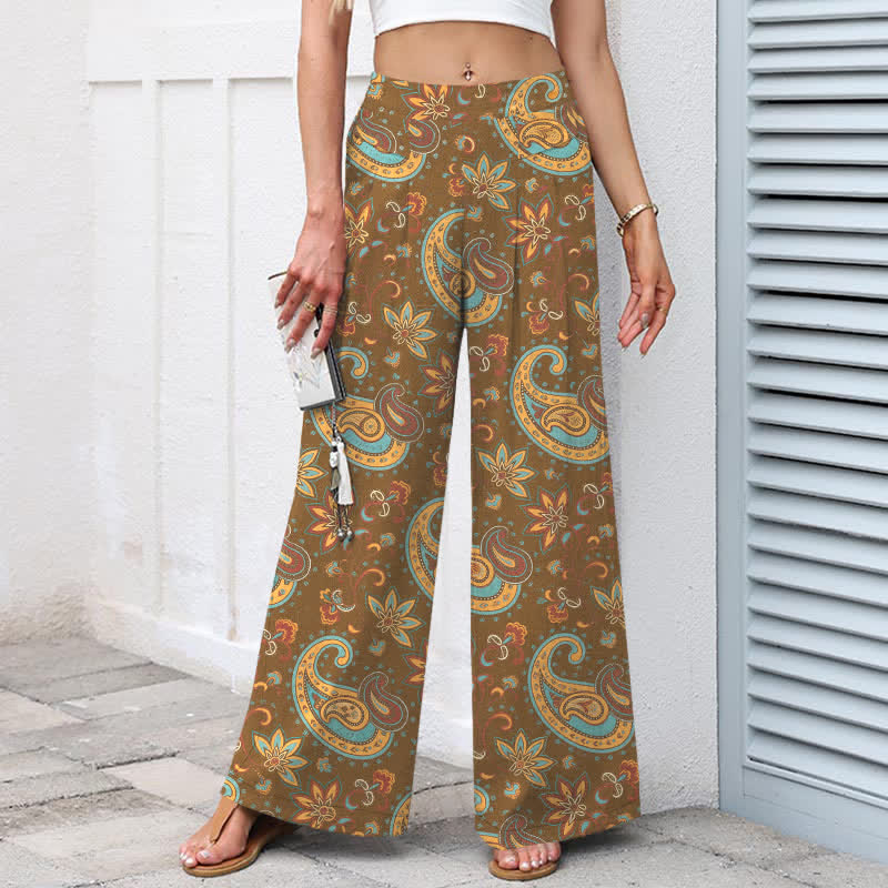 Nimara Ritual Cotton Linen Bohemian Paisley Floral Pattern Women's Elastic Waist Wide Leg Pants With Pockets