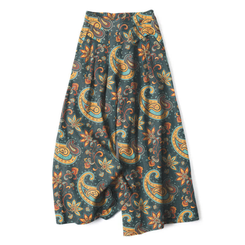 Nimara Ritual Cotton Linen Bohemian Paisley Floral Pattern Women's Elastic Waist Wide Leg Pants With Pockets