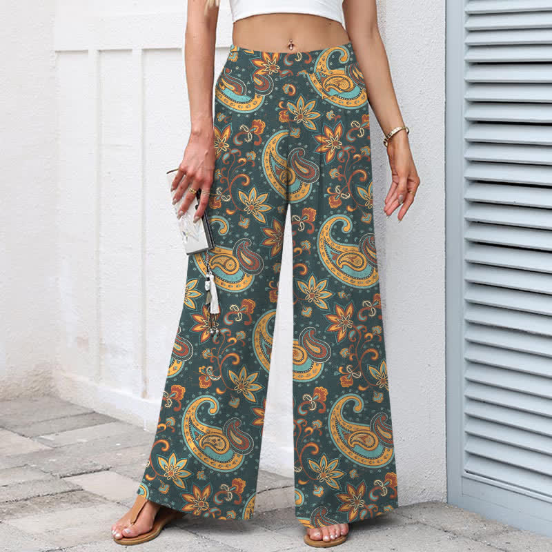 Nimara Ritual Cotton Linen Bohemian Paisley Floral Pattern Women's Elastic Waist Wide Leg Pants With Pockets