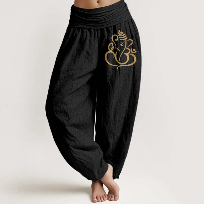 Nimara Ritual Pure Cotton Golden Ganesha Pattern Women's Elastic Waist Harem Pants
