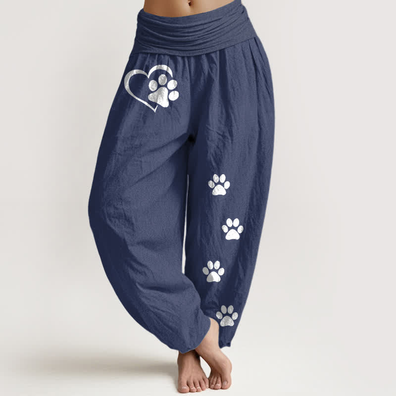 Nimara Ritual Pure Cotton Heart Paw Print Pattern Women's Elastic Waist Harem Pants