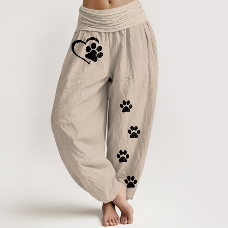 Nimara Ritual Pure Cotton Heart Paw Print Pattern Women's Elastic Waist Harem Pants