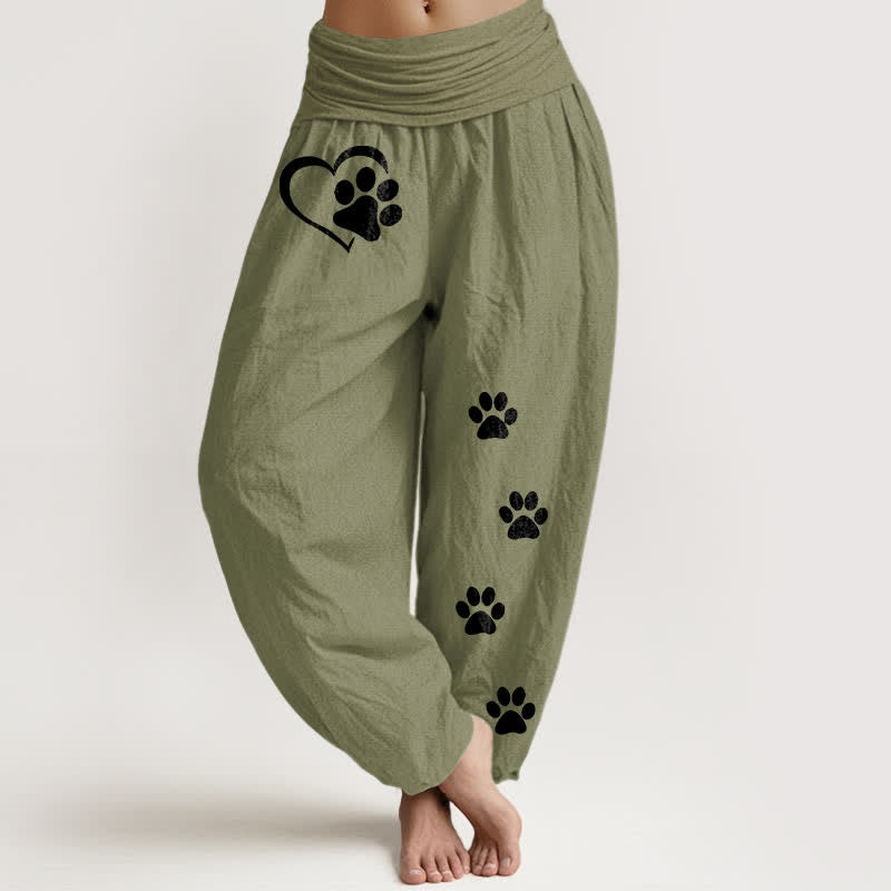 Nimara Ritual Pure Cotton Heart Paw Print Pattern Women's Elastic Waist Harem Pants