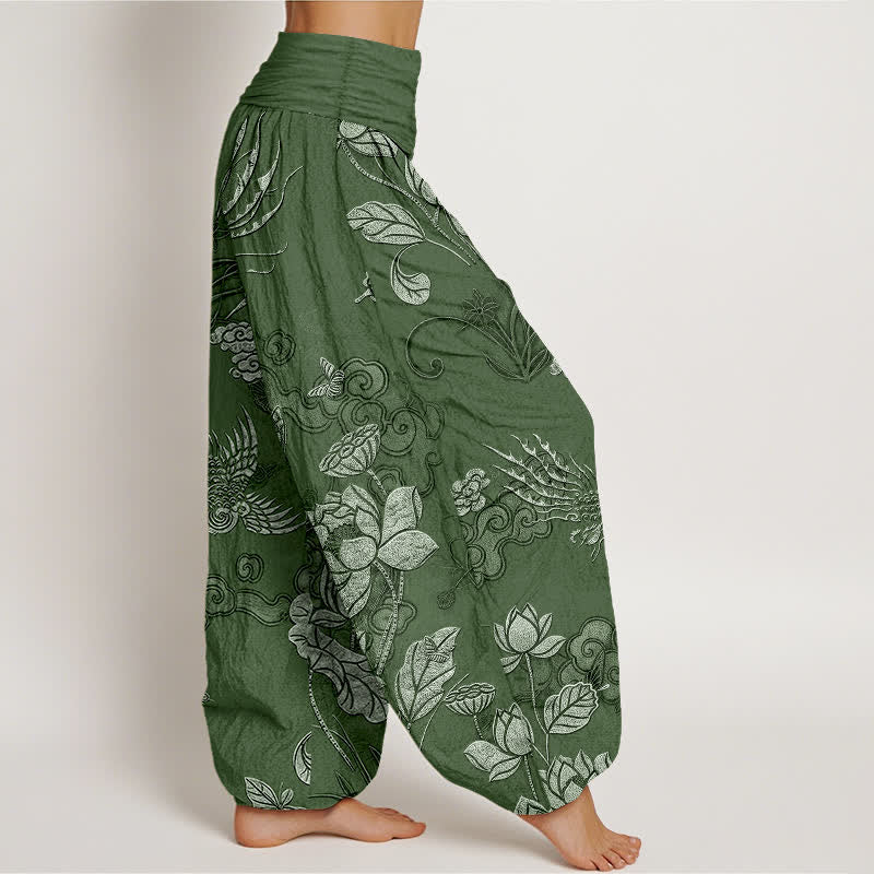 Nimara Ritual Cotton Lotus Bird Pattern Women's Elastic Waist Harem Pants