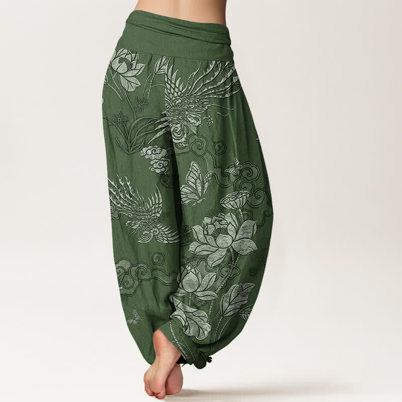 Nimara Ritual Cotton Lotus Bird Pattern Women's Elastic Waist Harem Pants