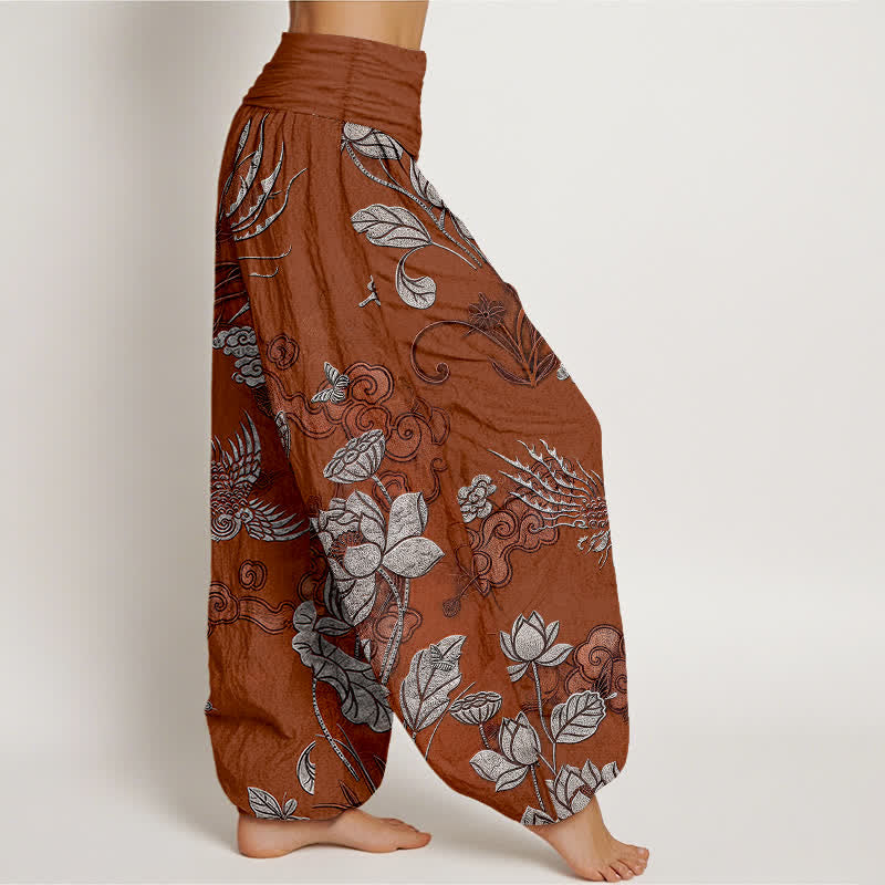 Nimara Ritual Cotton Lotus Bird Pattern Women's Elastic Waist Harem Pants