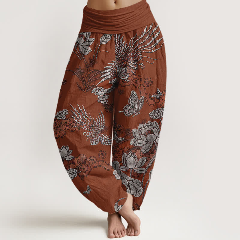 Nimara Ritual Cotton Lotus Bird Pattern Women's Elastic Waist Harem Pants