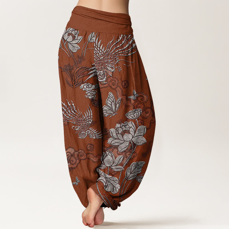 Nimara Ritual Cotton Lotus Bird Pattern Women's Elastic Waist Harem Pants