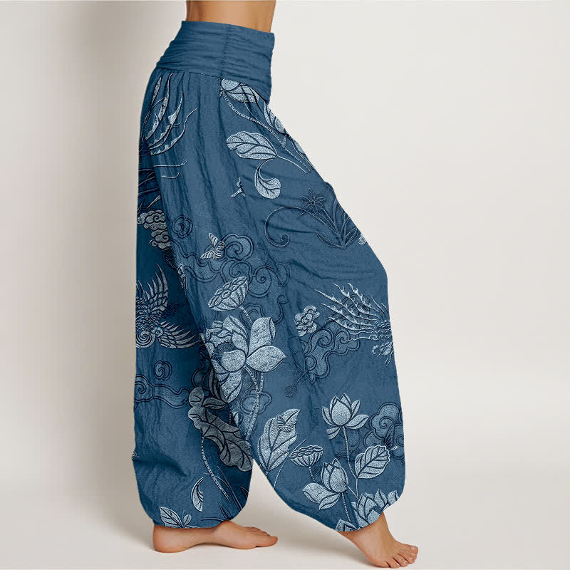 Nimara Ritual Cotton Lotus Bird Pattern Women's Elastic Waist Harem Pants