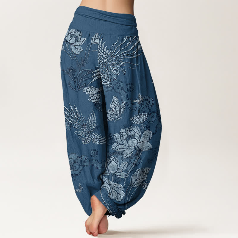 Nimara Ritual Cotton Lotus Bird Pattern Women's Elastic Waist Harem Pants