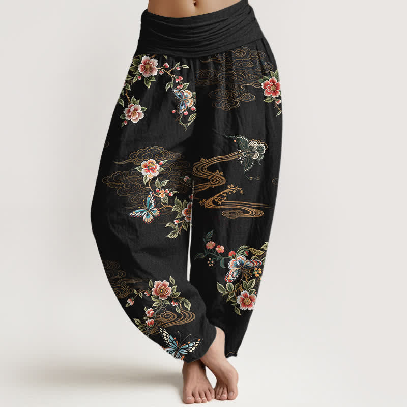 Nimara Ritual Pure Cotton Floral Butterfly Pattern Women's Elastic Waist Harem Pants