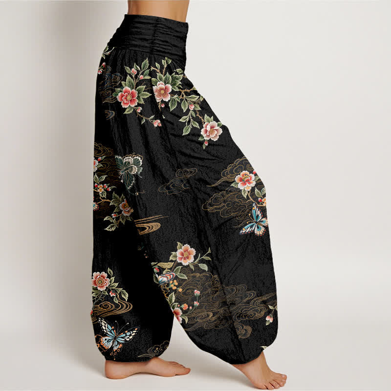 Nimara Ritual Pure Cotton Floral Butterfly Pattern Women's Elastic Waist Harem Pants