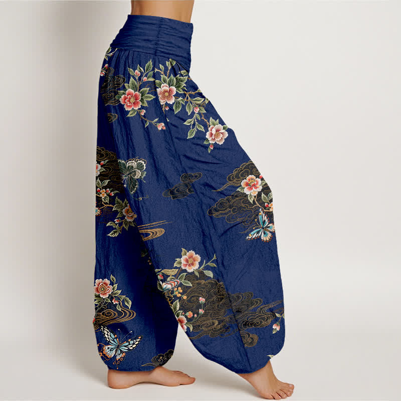 Nimara Ritual Pure Cotton Floral Butterfly Pattern Women's Elastic Waist Harem Pants