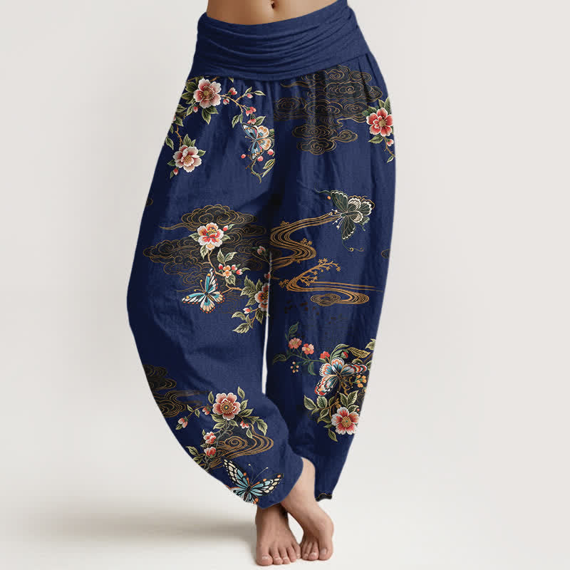 Nimara Ritual Pure Cotton Floral Butterfly Pattern Women's Elastic Waist Harem Pants