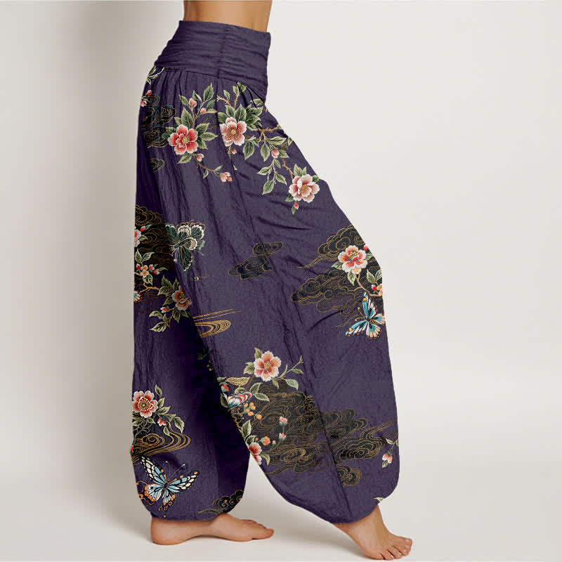 Nimara Ritual Pure Cotton Floral Butterfly Pattern Women's Elastic Waist Harem Pants