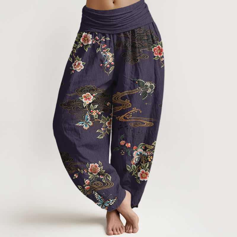 Nimara Ritual Pure Cotton Floral Butterfly Pattern Women's Elastic Waist Harem Pants