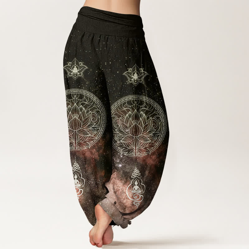 Nimara Ritual Cotton Celestial Lotus Mandala Pattern Women's Elastic Waist Harem Pants