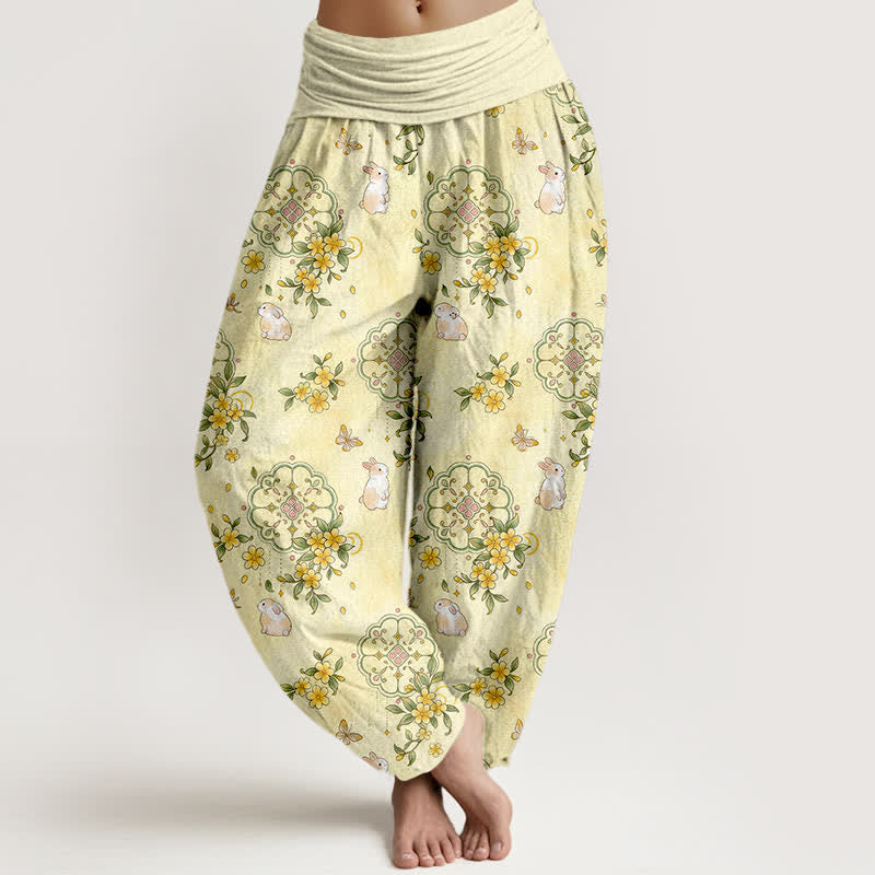 Nimara Ritual Pure Cotton Floral Vine Rabbit Pattern Women's Elastic Waist Harem Pants
