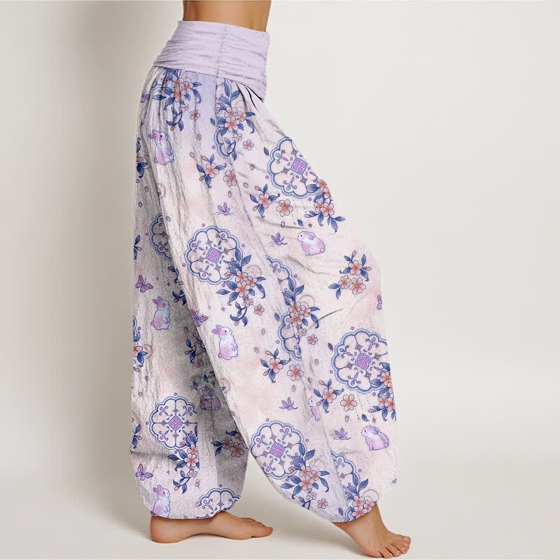 Nimara Ritual Pure Cotton Floral Vine Rabbit Pattern Women's Elastic Waist Harem Pants