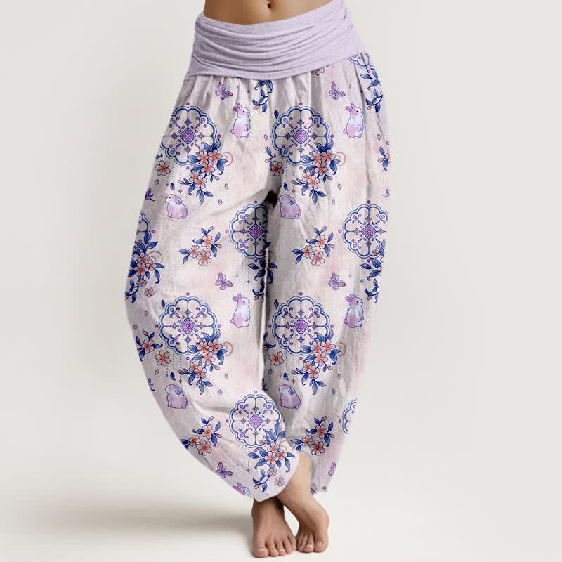 Nimara Ritual Pure Cotton Floral Vine Rabbit Pattern Women's Elastic Waist Harem Pants
