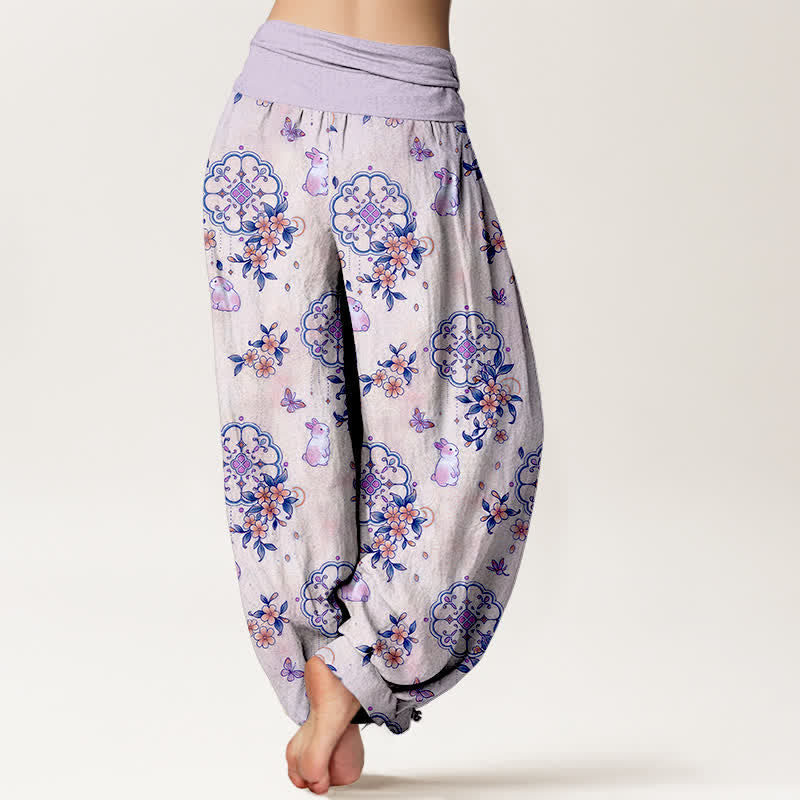 Nimara Ritual Pure Cotton Floral Vine Rabbit Pattern Women's Elastic Waist Harem Pants