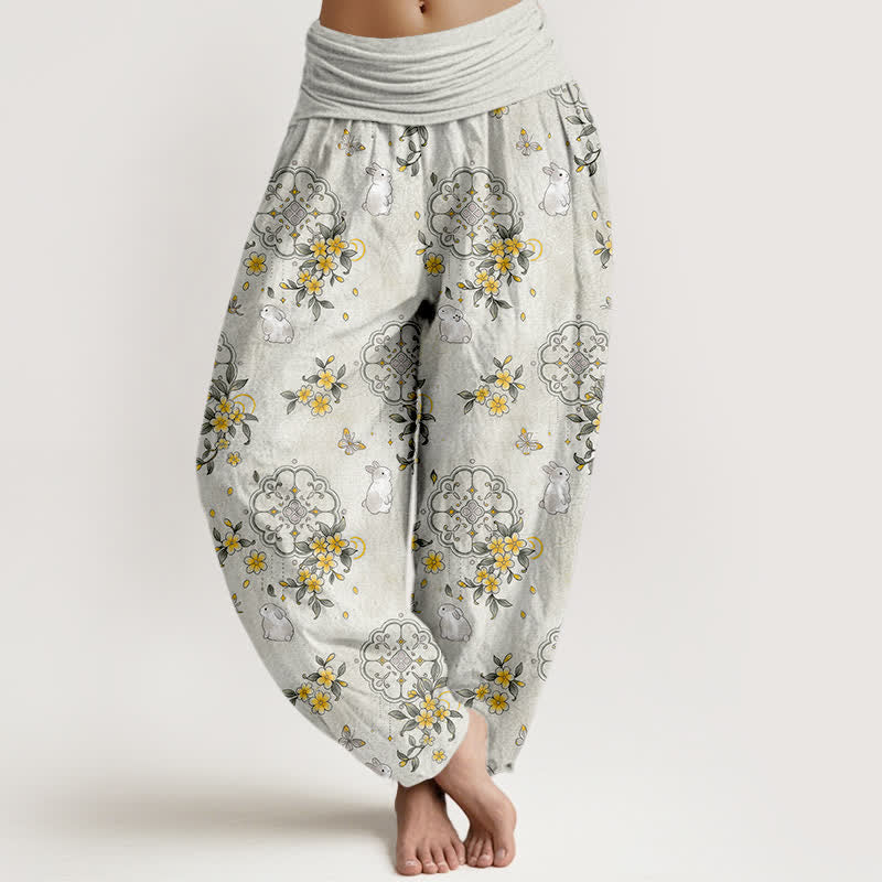 Nimara Ritual Pure Cotton Floral Vine Rabbit Pattern Women's Elastic Waist Harem Pants