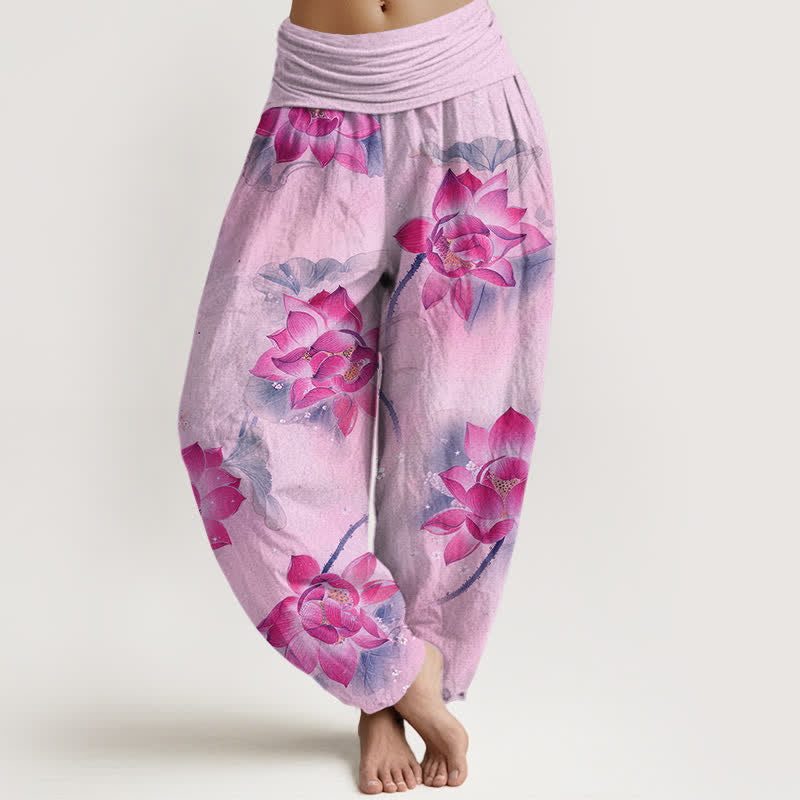 Nimara Ritual Cotton Lotus Bloom Pattern Women's Elastic Waist Harem Pants