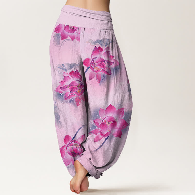 Nimara Ritual Cotton Lotus Bloom Pattern Women's Elastic Waist Harem Pants