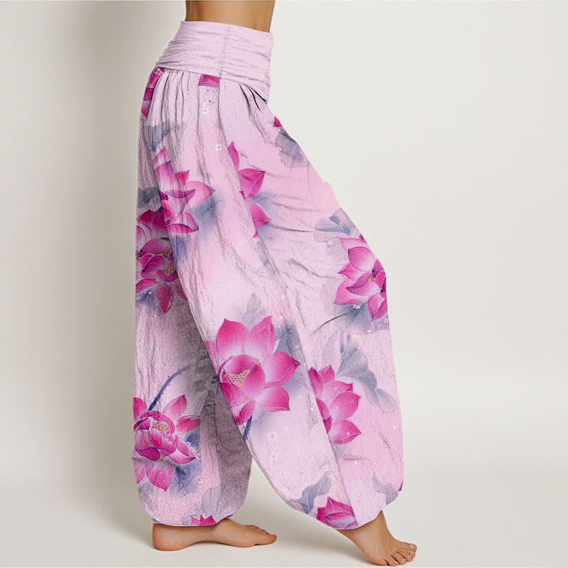 Nimara Ritual Cotton Lotus Bloom Pattern Women's Elastic Waist Harem Pants
