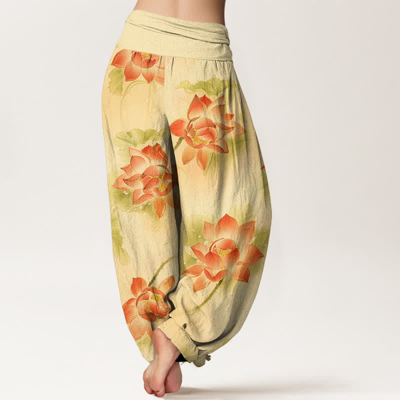 Nimara Ritual Cotton Lotus Bloom Pattern Women's Elastic Waist Harem Pants