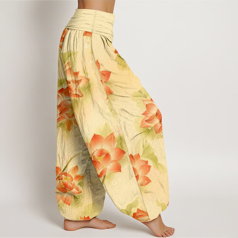 Nimara Ritual Cotton Lotus Bloom Pattern Women's Elastic Waist Harem Pants