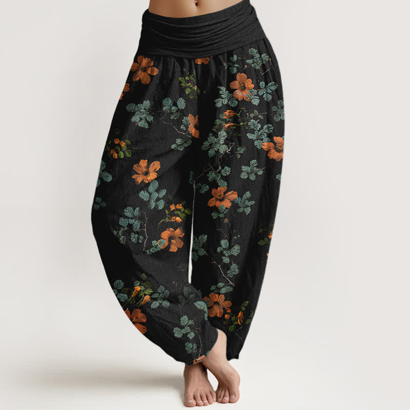 Nimara Ritual Cotton Orange Floral Leaf Pattern Women's Elastic Waist Harem Pants