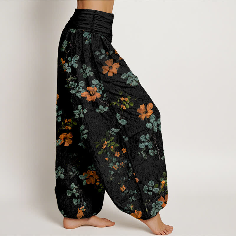 Nimara Ritual Cotton Orange Floral Leaf Pattern Women's Elastic Waist Harem Pants