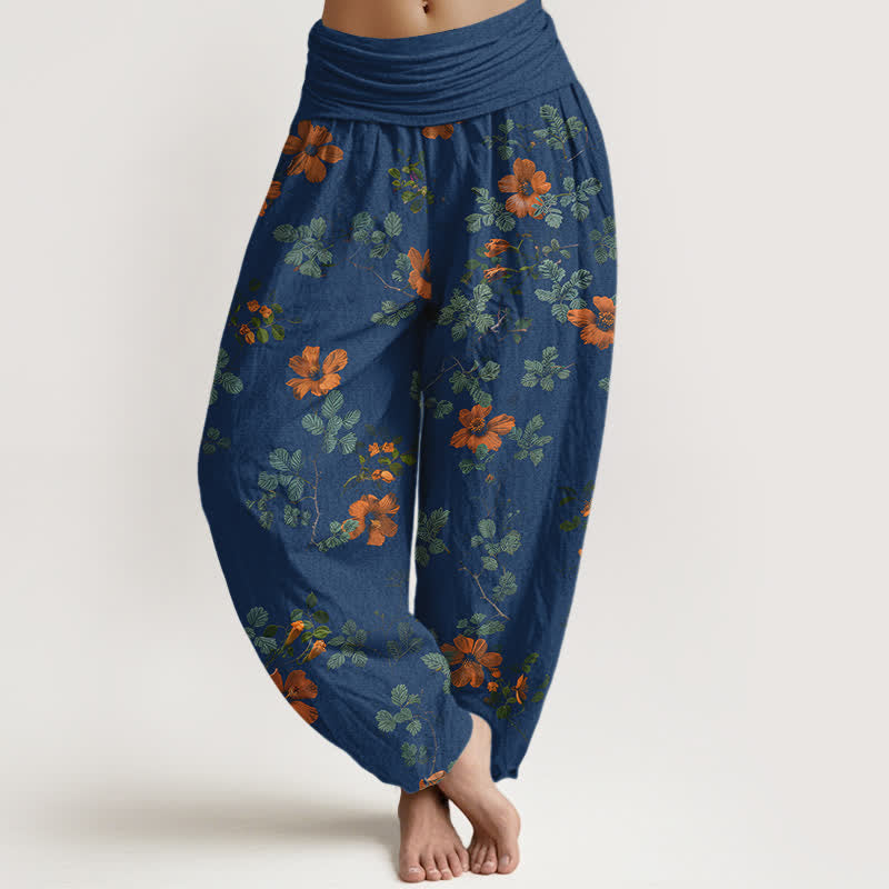 Nimara Ritual Cotton Orange Floral Leaf Pattern Women's Elastic Waist Harem Pants