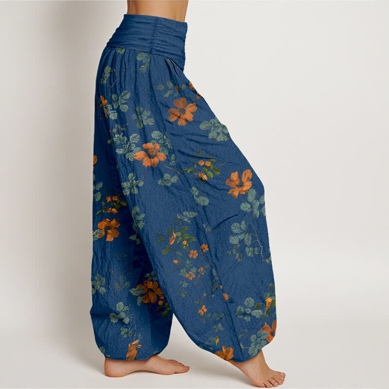 Nimara Ritual Cotton Orange Floral Leaf Pattern Women's Elastic Waist Harem Pants