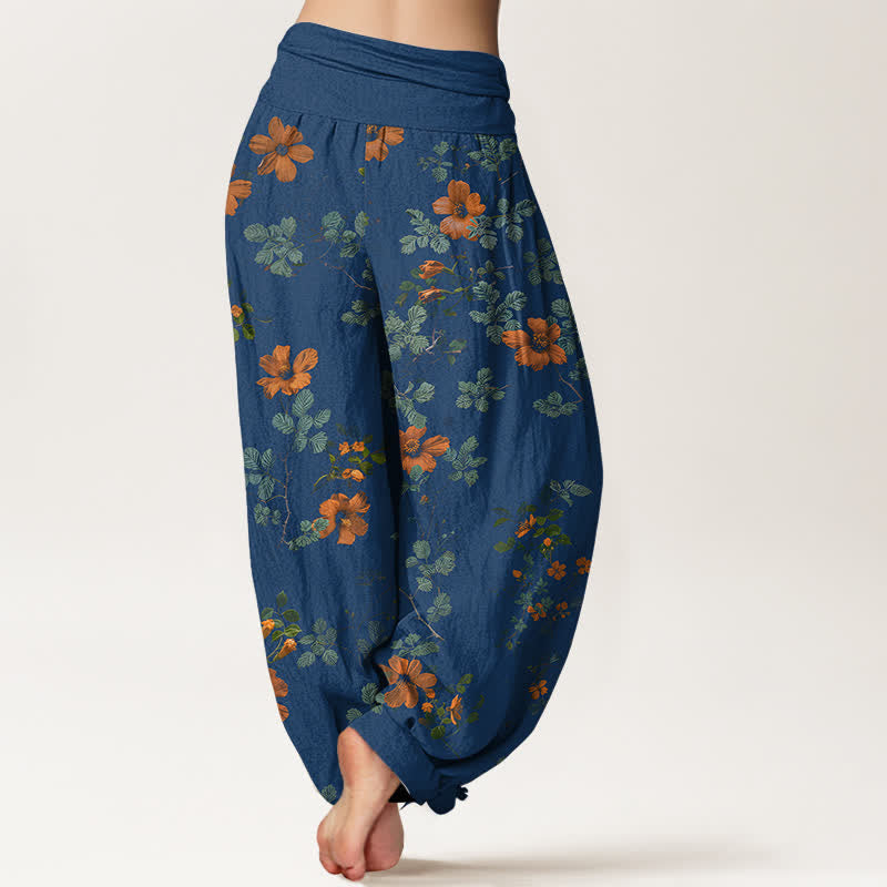 Nimara Ritual Cotton Orange Floral Leaf Pattern Women's Elastic Waist Harem Pants