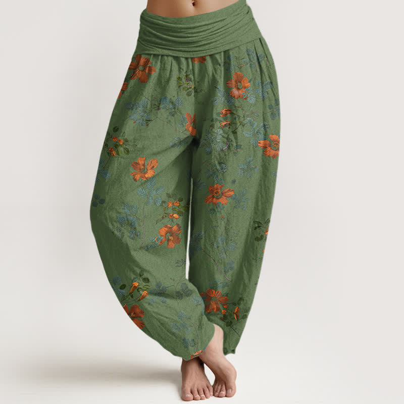 Nimara Ritual Cotton Orange Floral Leaf Pattern Women's Elastic Waist Harem Pants