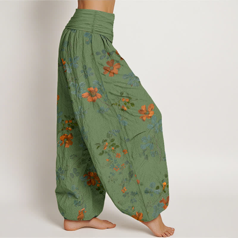 Nimara Ritual Cotton Orange Floral Leaf Pattern Women's Elastic Waist Harem Pants