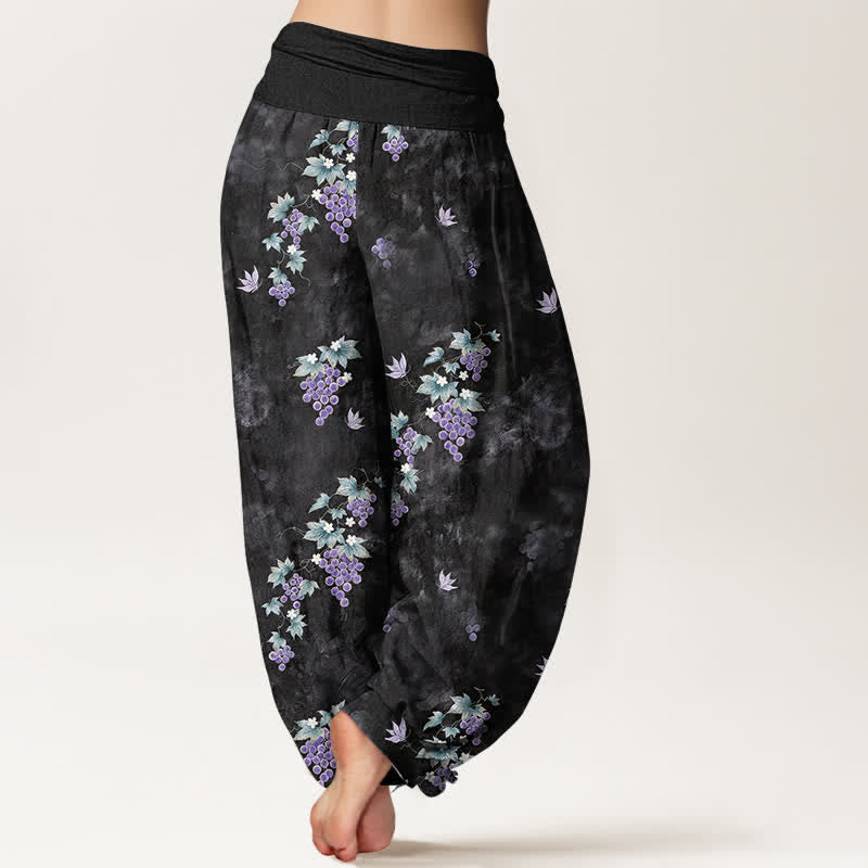 Nimara Ritual Cotton Vintage Grape Vine Pattern Women's Elastic Waist Harem Pants