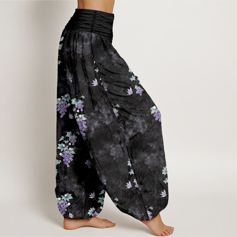Nimara Ritual Cotton Vintage Grape Vine Pattern Women's Elastic Waist Harem Pants