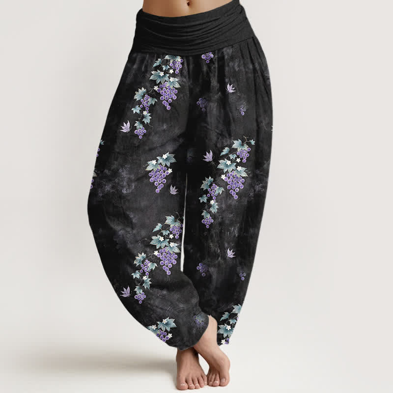 Nimara Ritual Cotton Vintage Grape Vine Pattern Women's Elastic Waist Harem Pants
