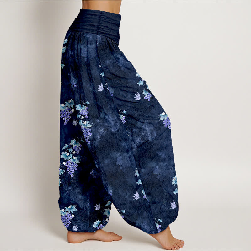 Nimara Ritual Cotton Vintage Grape Vine Pattern Women's Elastic Waist Harem Pants