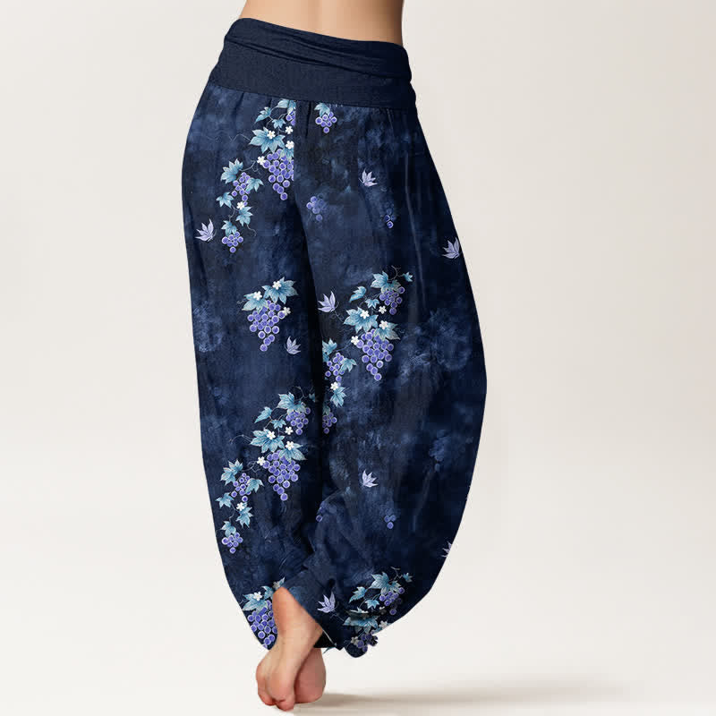 Nimara Ritual Cotton Vintage Grape Vine Pattern Women's Elastic Waist Harem Pants