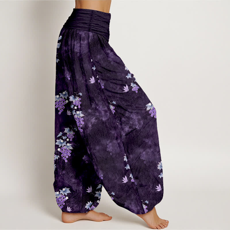Nimara Ritual Cotton Vintage Grape Vine Pattern Women's Elastic Waist Harem Pants