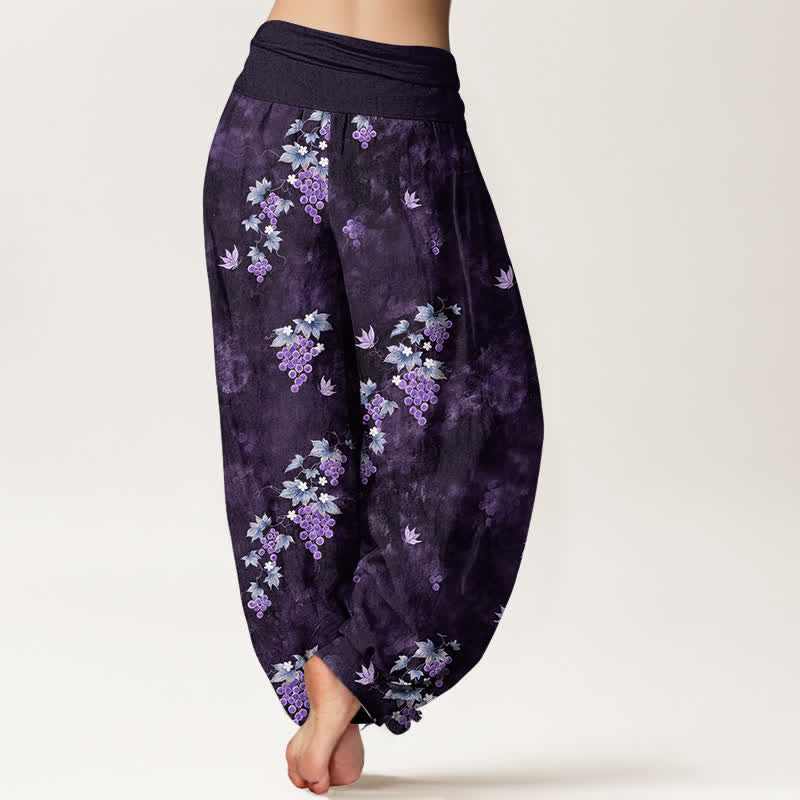 Nimara Ritual Cotton Vintage Grape Vine Pattern Women's Elastic Waist Harem Pants