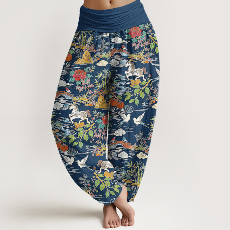 Nimara Ritual Cotton Horse Bird Landscape Floral Pattern Women's Elastic Waist Harem Pants