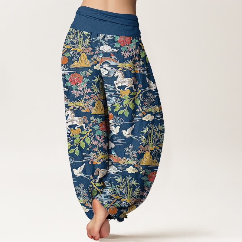 Nimara Ritual Cotton Horse Bird Landscape Floral Pattern Women's Elastic Waist Harem Pants