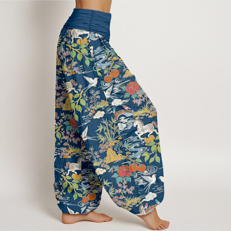 Nimara Ritual Cotton Horse Bird Landscape Floral Pattern Women's Elastic Waist Harem Pants